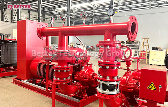 How is water hammer mitigated in fire pump systems with high flow rates?