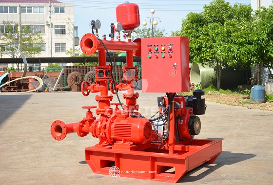 Electric and Diesel Fire Pump System with Integrated Components for Simplified Pump Room Layout